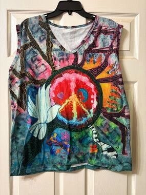 Women's Multicolor Graphic V-Neck Tank Top with Peace Dove Motif